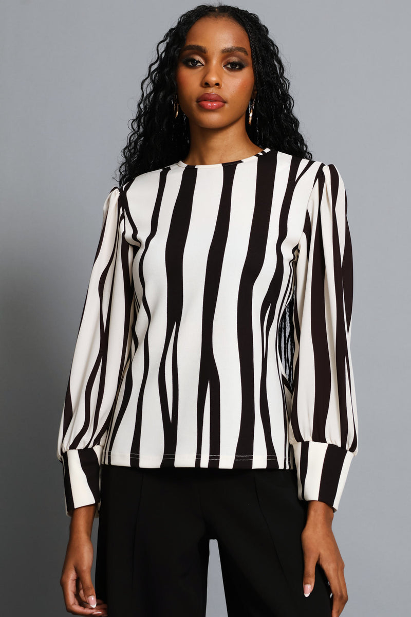 Abstract Striped Knitwear Combo Blouse - Creak/Dark Chocolate