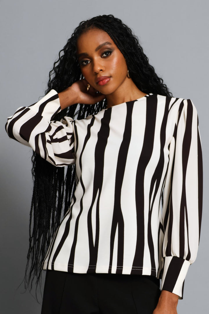 Abstract Striped Knitwear Combo Blouse - Creak/Dark Chocolate