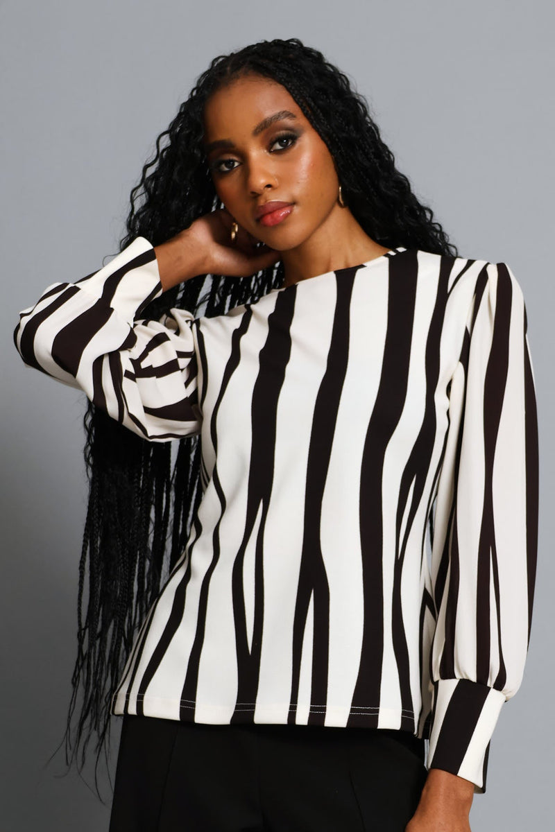 Abstract Striped Knitwear Combo Blouse - Creak/Dark Chocolate