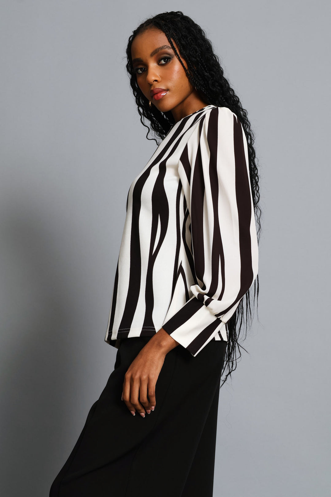 Abstract Striped Knitwear Combo Blouse - Creak/Dark Chocolate