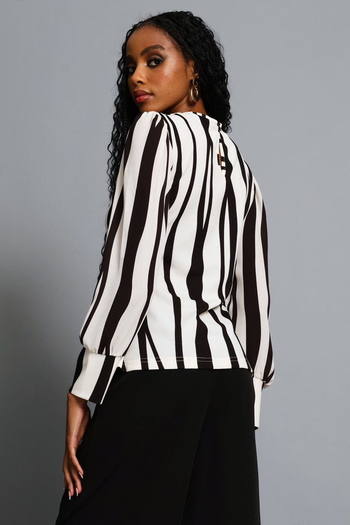 Abstract Striped Knitwear Combo Blouse - Creak/Dark Chocolate