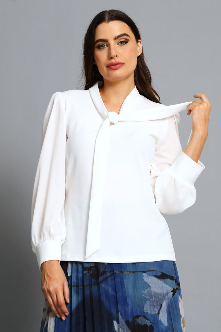 Kitty Bow Knitwear Combo Blouse - Cream