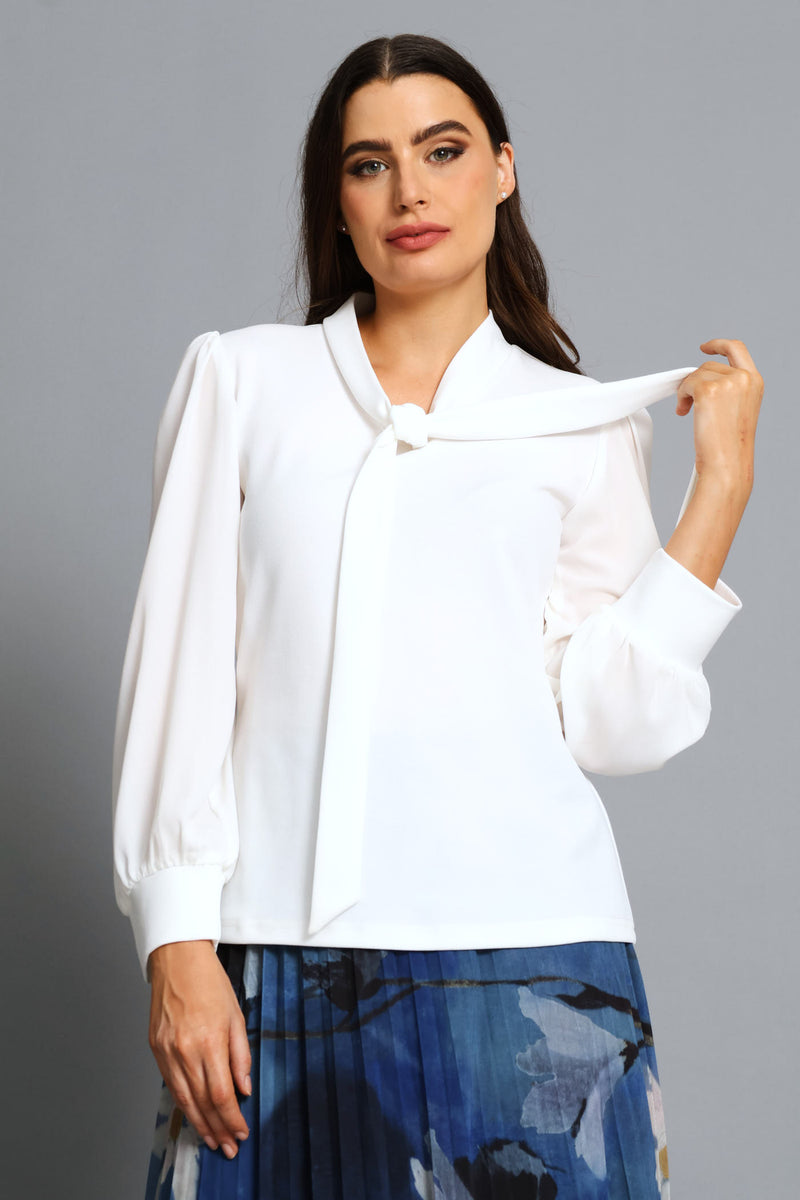 Kitty Bow Knitwear Combo Blouse - Cream