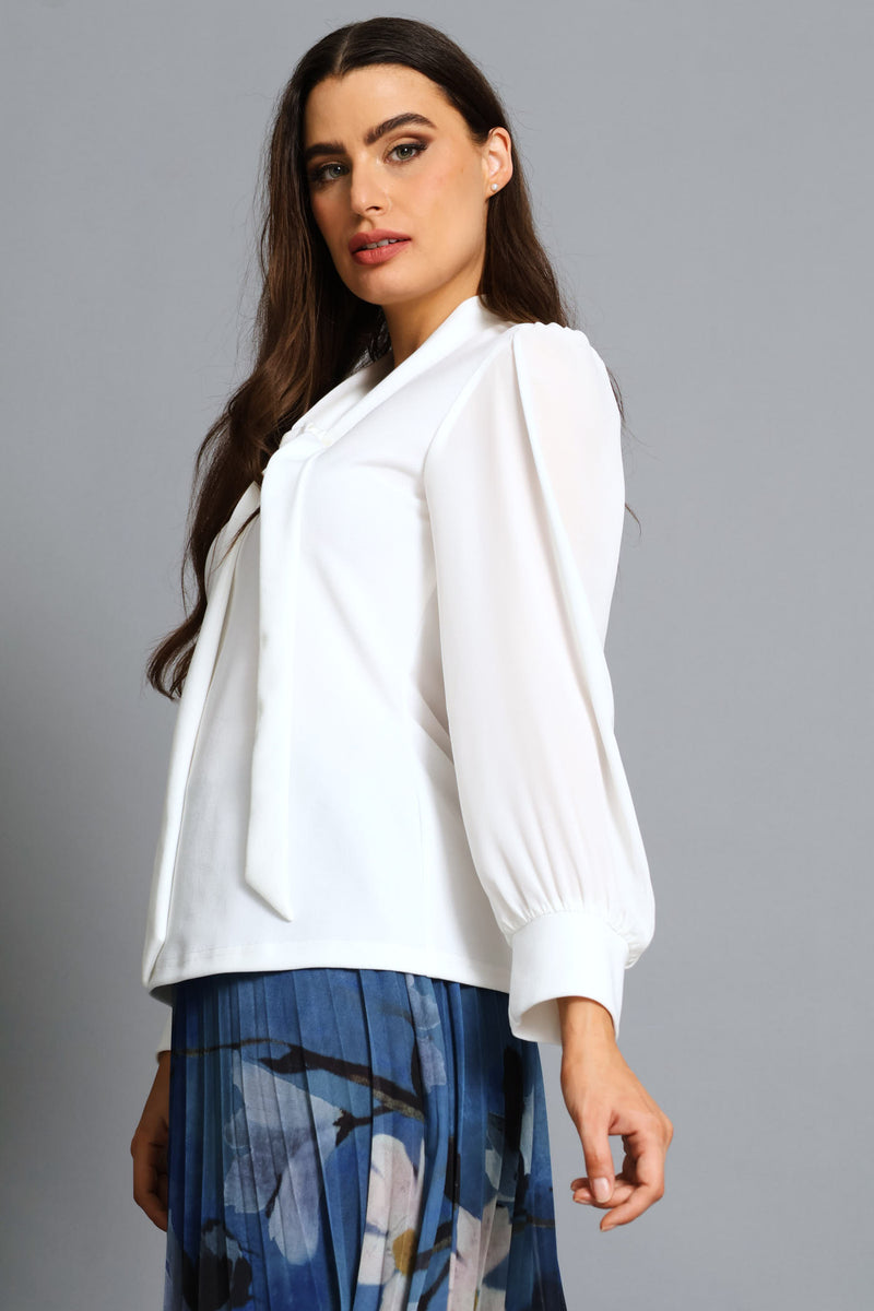Kitty Bow Knitwear Combo Blouse - Cream