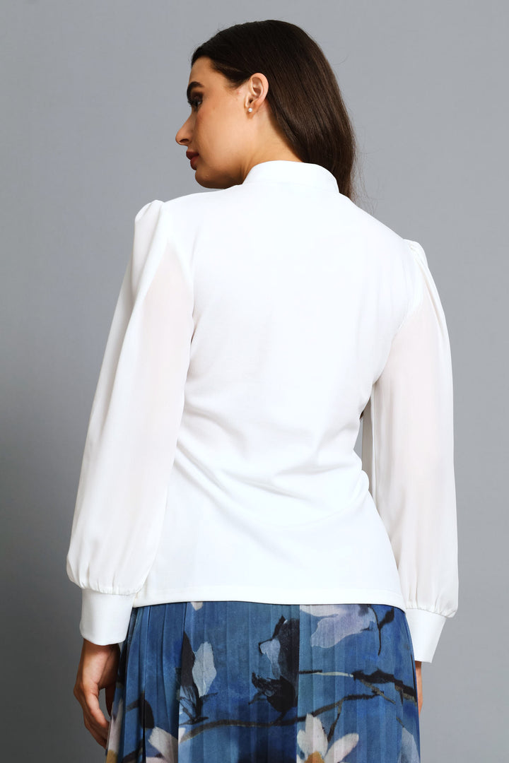 Kitty Bow Knitwear Combo Blouse - Cream