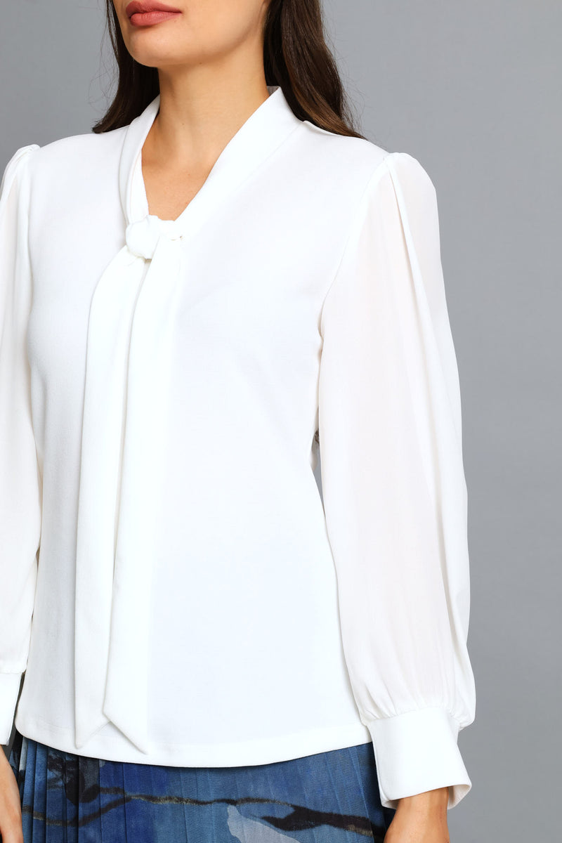 Kitty Bow Knitwear Combo Blouse - Cream