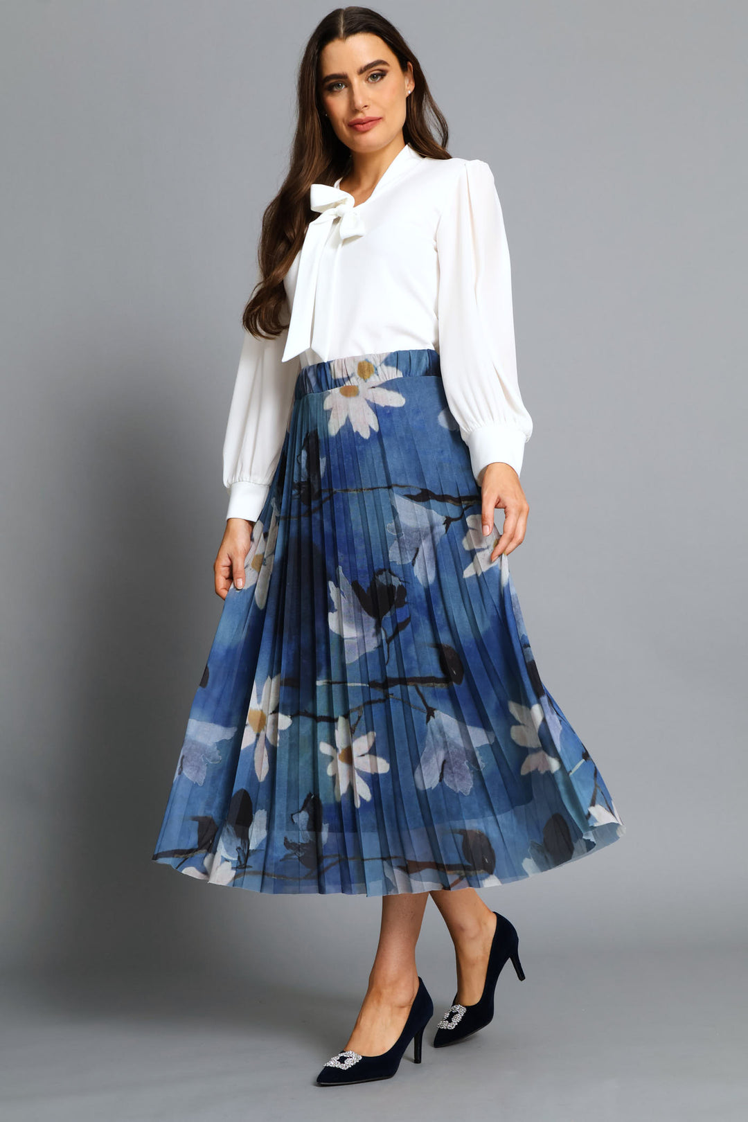Floral Mesh Midi Skirt - Blue