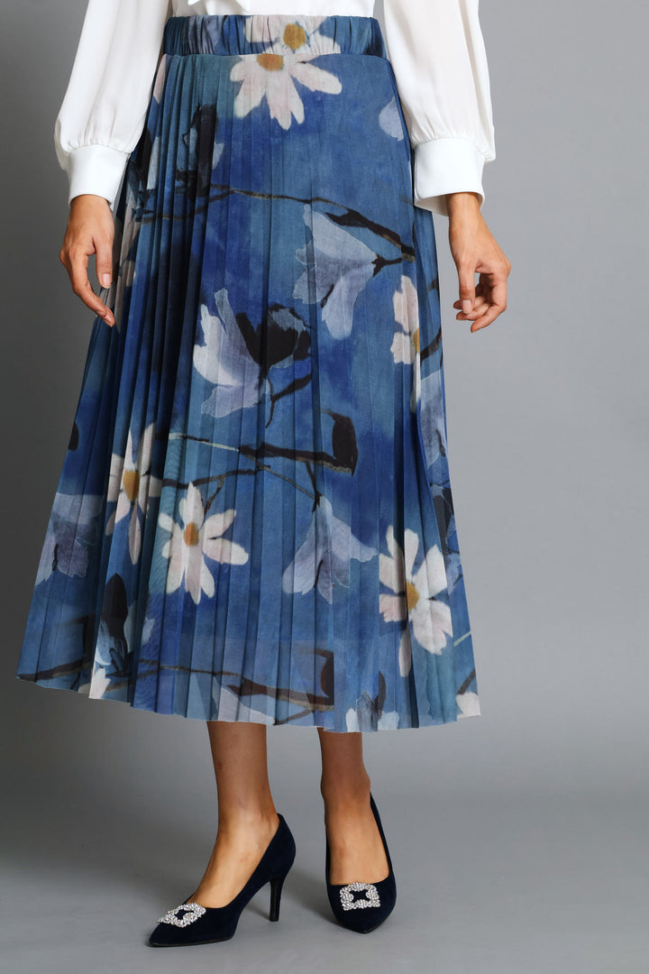 Floral Mesh Midi Skirt - Blue