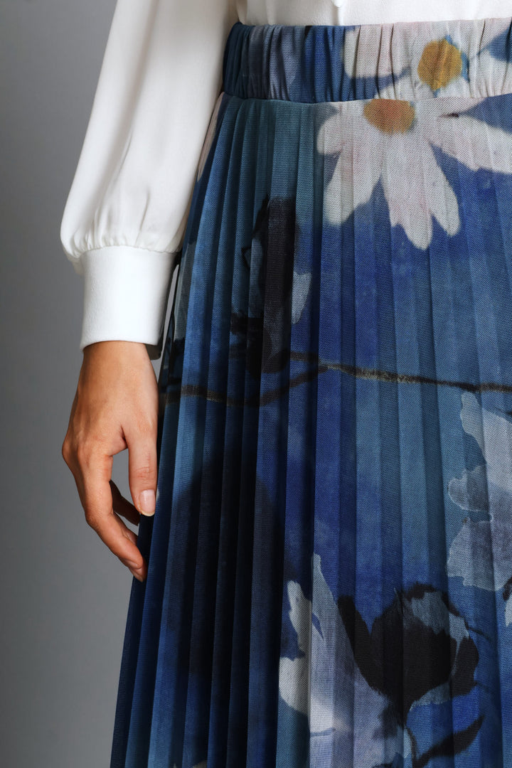 Floral Mesh Midi Skirt - Blue
