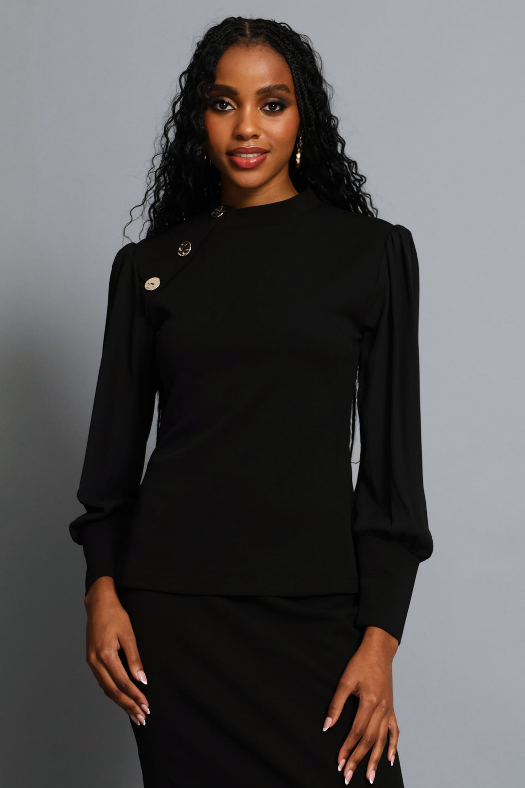 Hi Neck Button Raglan Combo Blouse - Black
