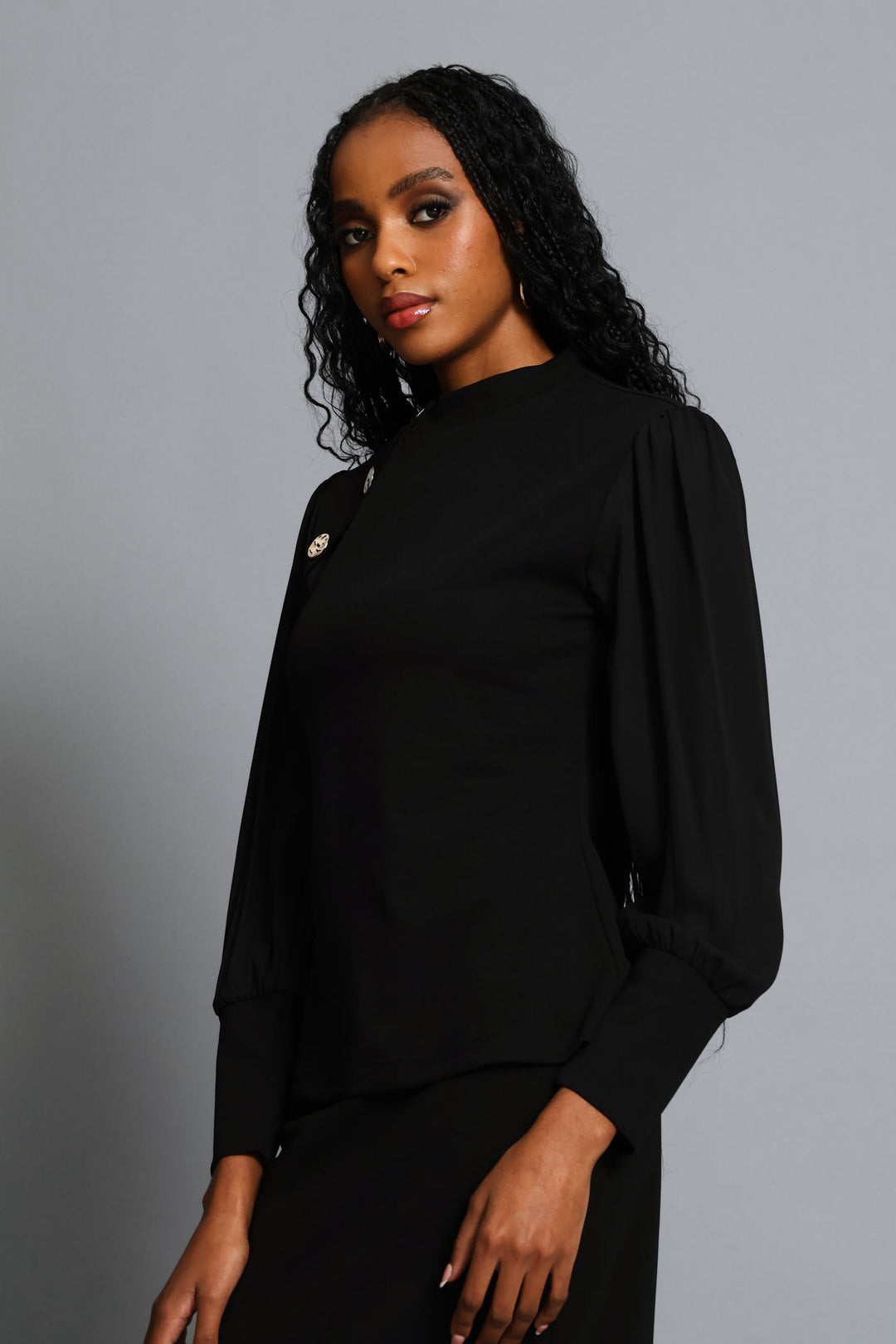Hi Neck Button Raglan Combo Blouse - Black
