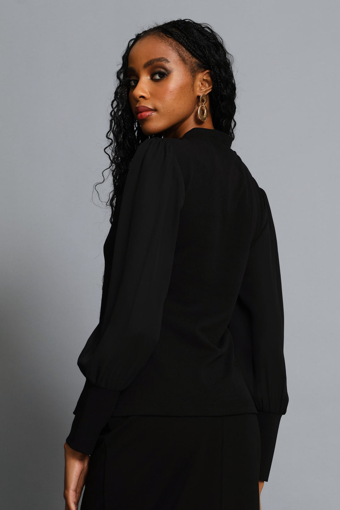 Hi Neck Button Raglan Combo Blouse - Black
