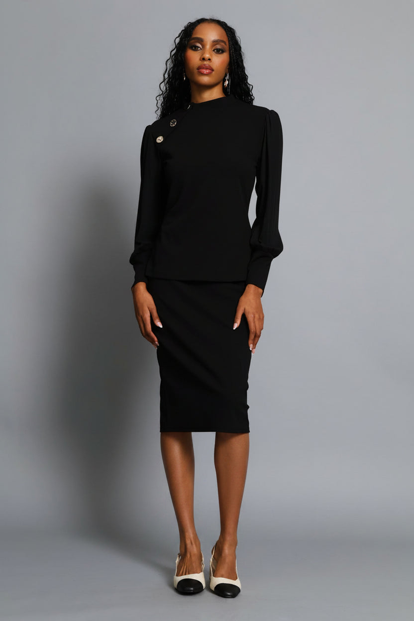 Hi Neck Button Raglan Combo Blouse - Black