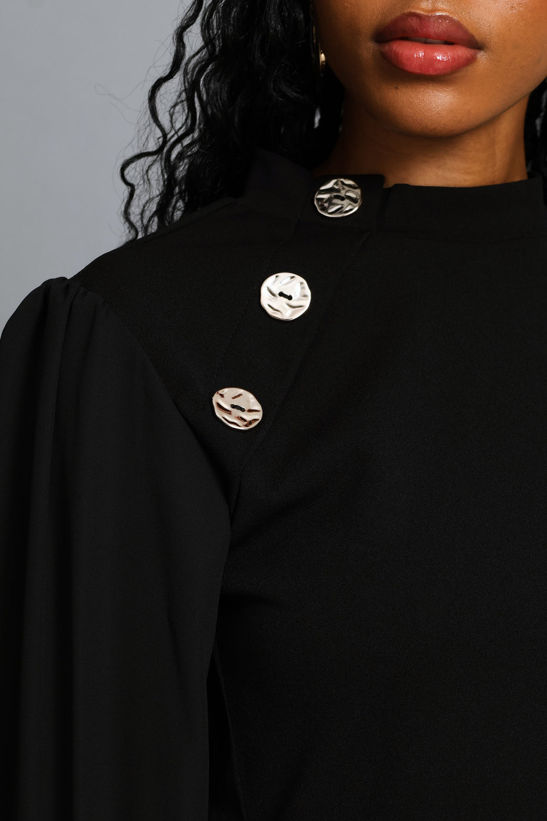 Hi Neck Button Raglan Combo Blouse - Black