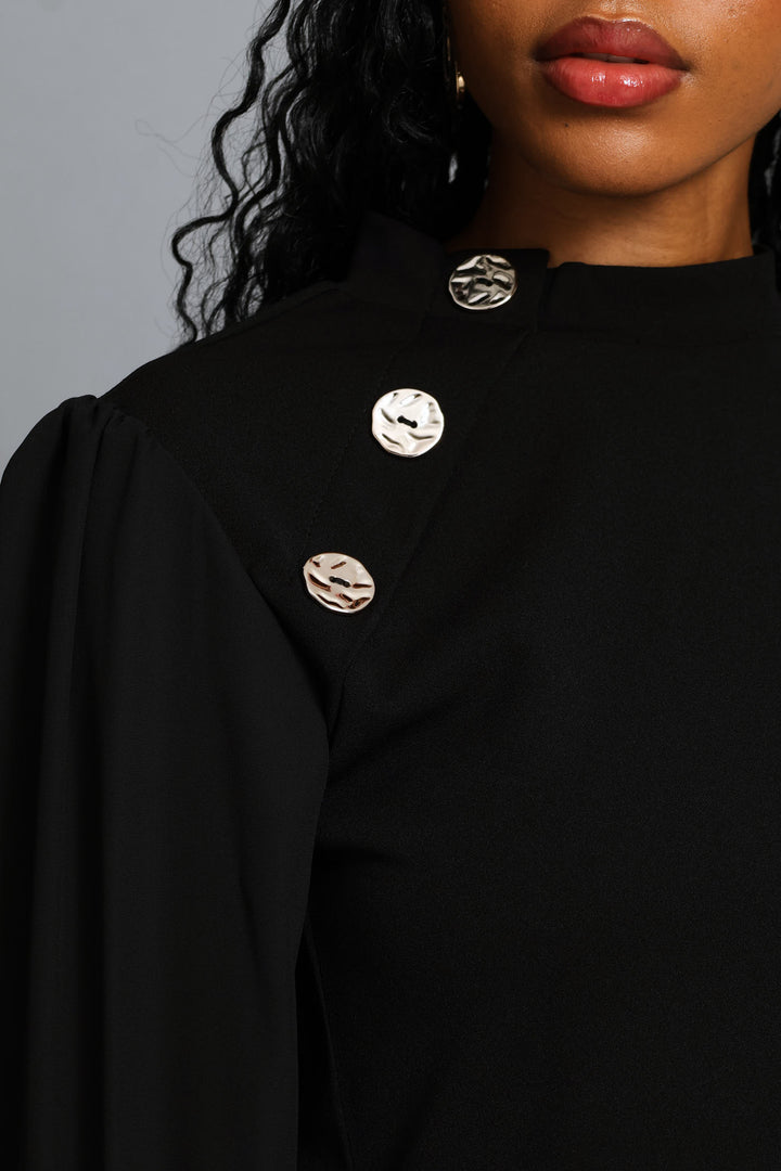 Hi Neck Button Raglan Combo Blouse - Black