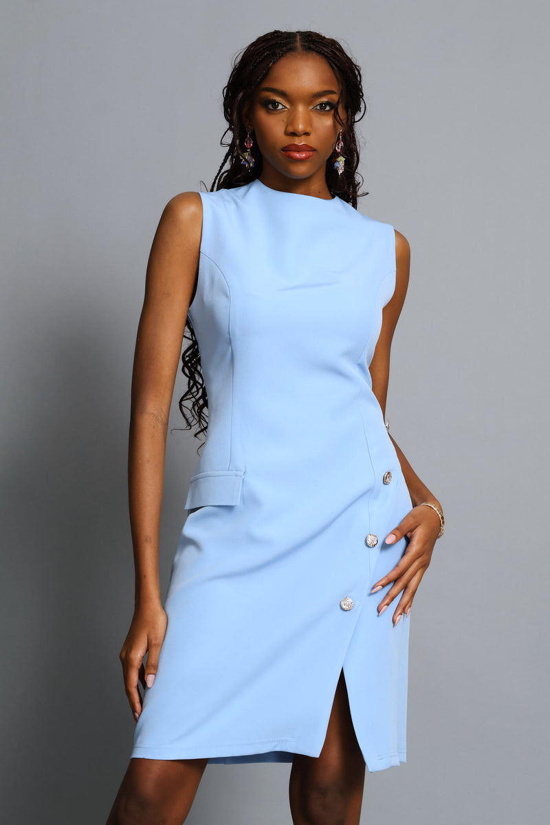 Notch Hem Button Work Dress - Blue