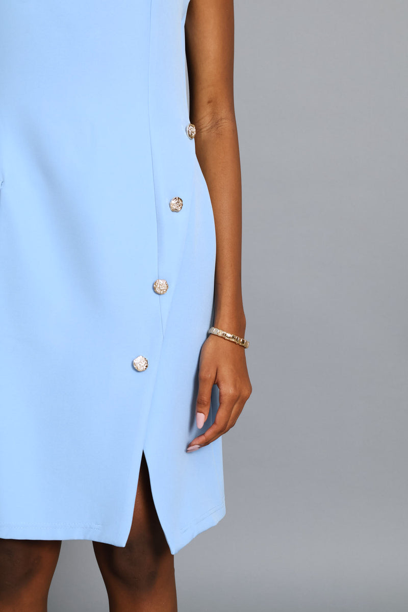 Notch Hem Button Work Dress - Blue