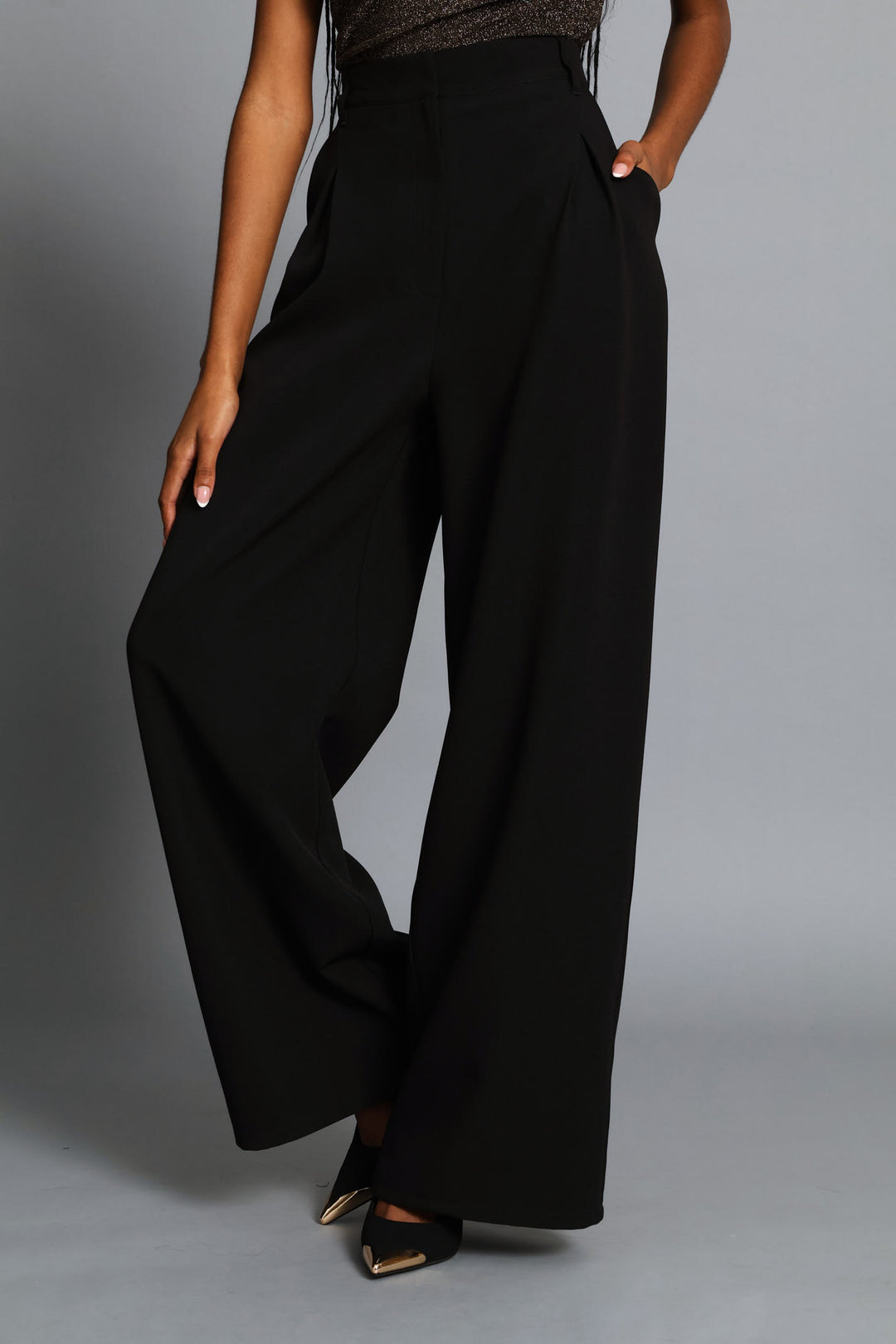 Inverted Pleat Wide Leg Pant - Black