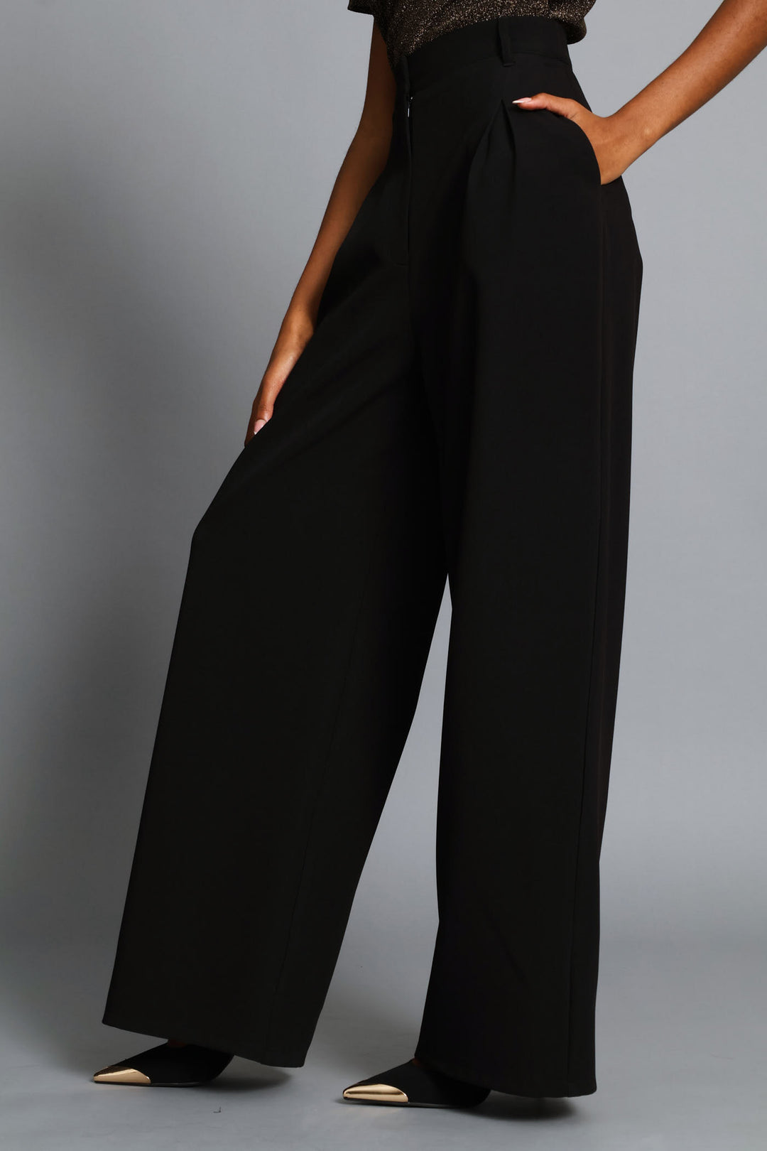 Inverted Pleat Wide Leg Pant - Black