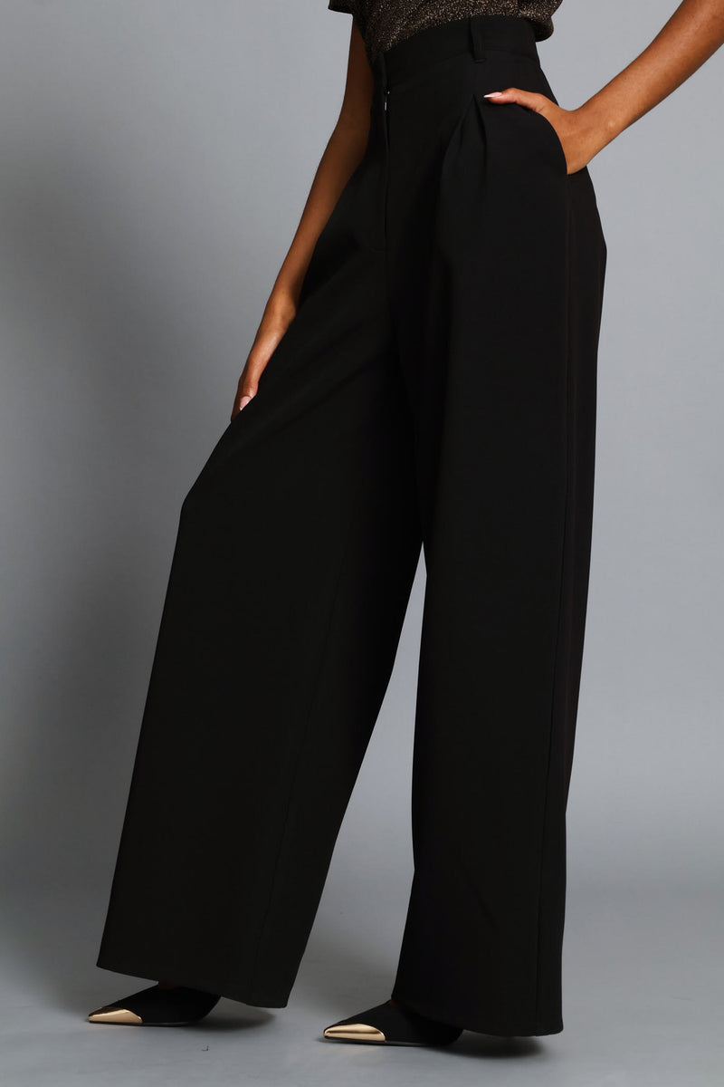 Inverted Pleat Wide Leg Pant - Black