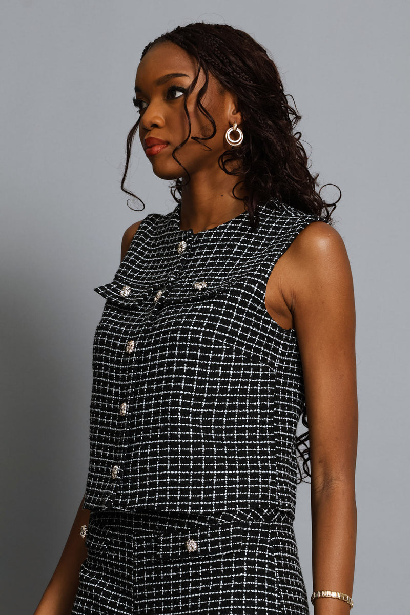 Fancy Button Tweed Waistcoat - Black/White