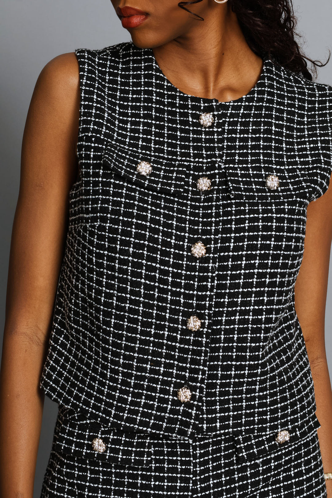 Fancy Button Tweed Waistcoat - Black/White