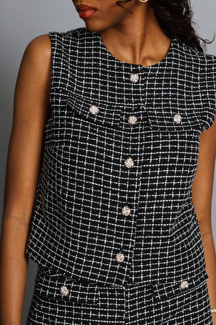 Fancy Button Tweed Waistcoat - Black/White