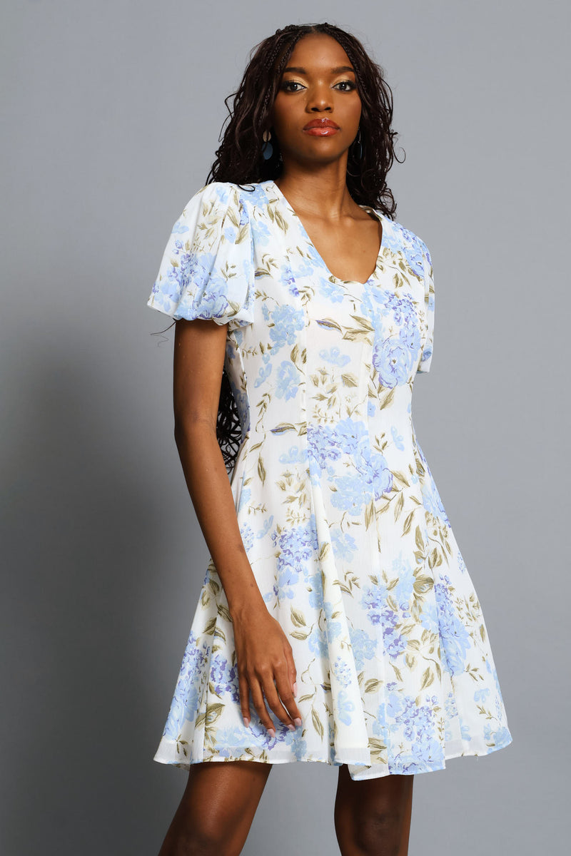 Panelled Puff Sleeve Tea Dress - Cream/Blue