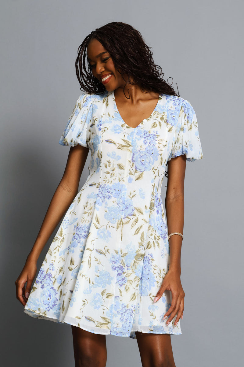 Panelled Puff Sleeve Tea Dress - Cream/Blue