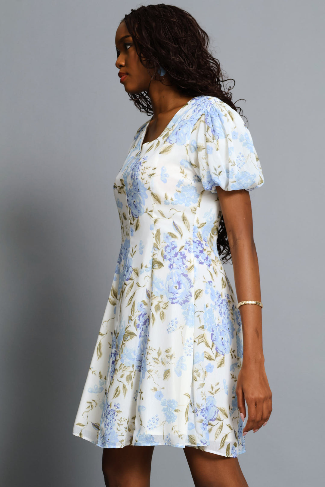 Panelled Puff Sleeve Tea Dress - Cream/Blue