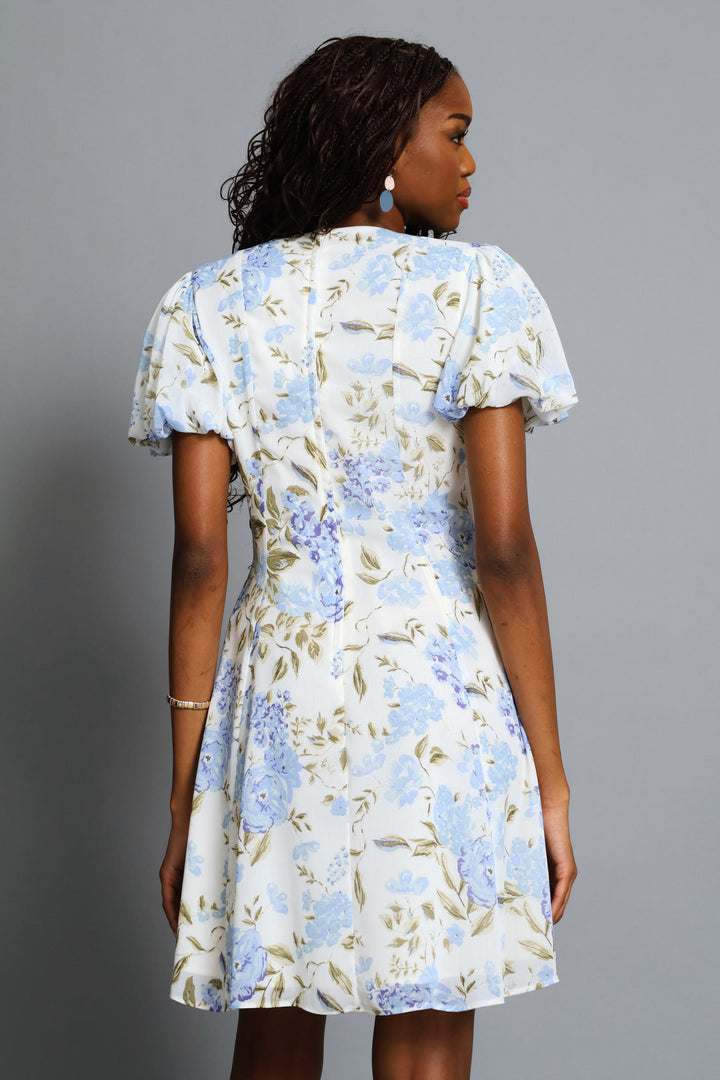 Panelled Puff Sleeve Tea Dress - Cream/Blue