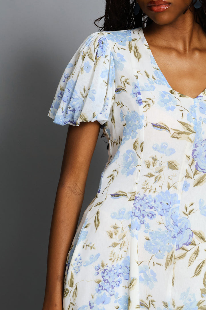 Panelled Puff Sleeve Tea Dress - Cream/Blue