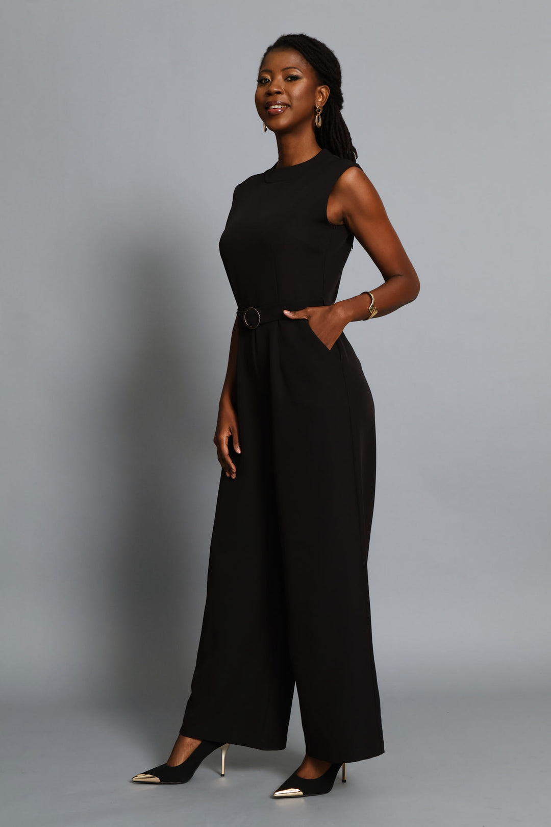 Belted Buckle Jumpsuit - Black