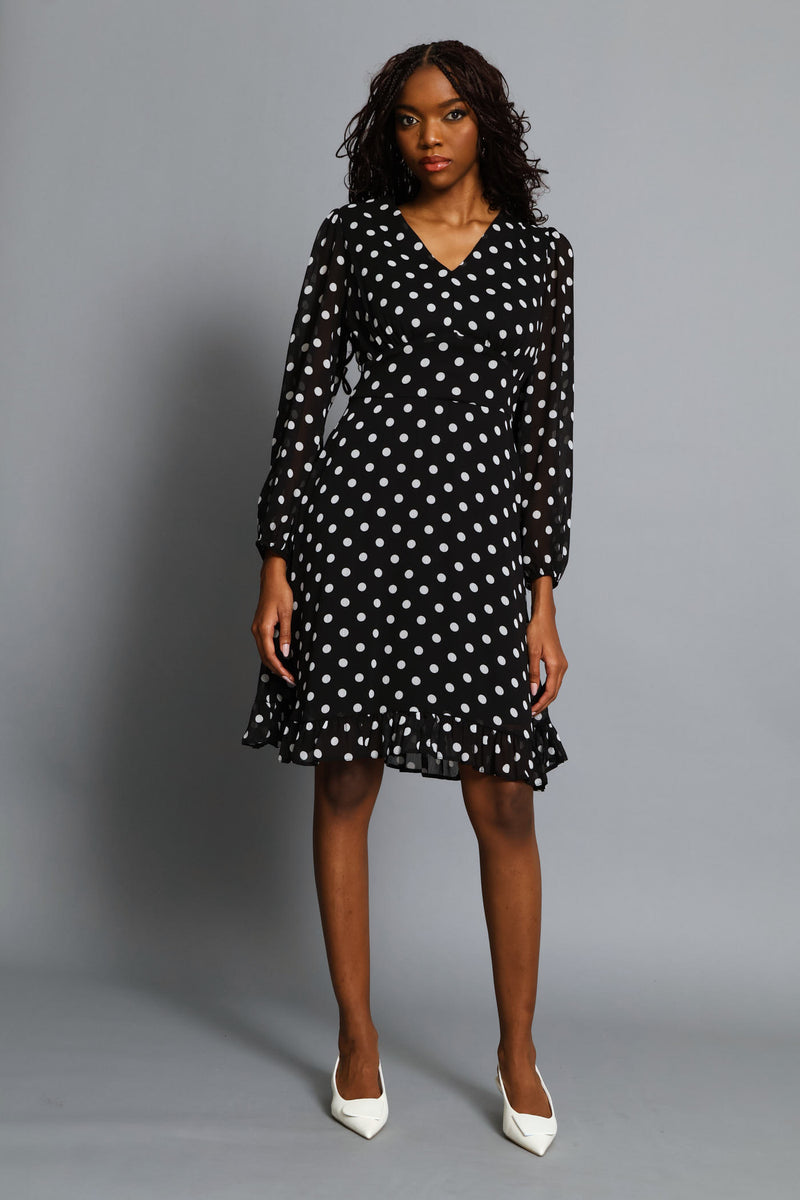 Poka Dot Frill Hem Tea Dress - Black/Cream