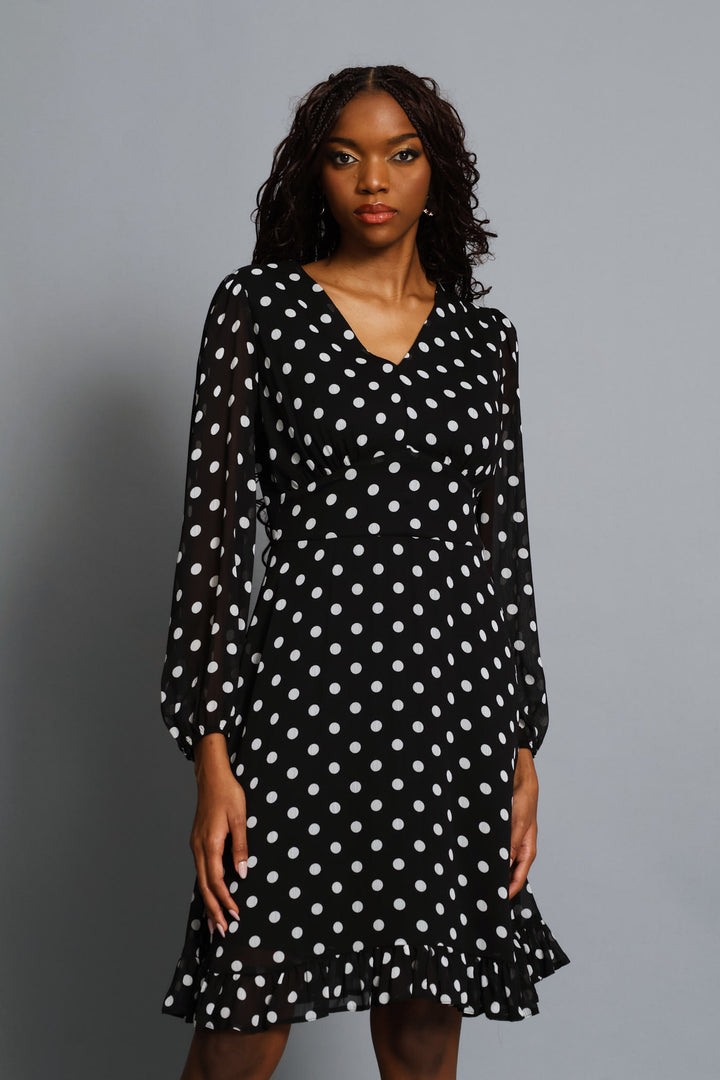 Poka Dot Frill Hem Tea Dress - Black/Cream