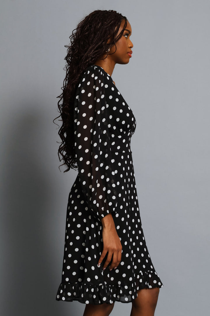 Poka Dot Frill Hem Tea Dress - Black/Cream