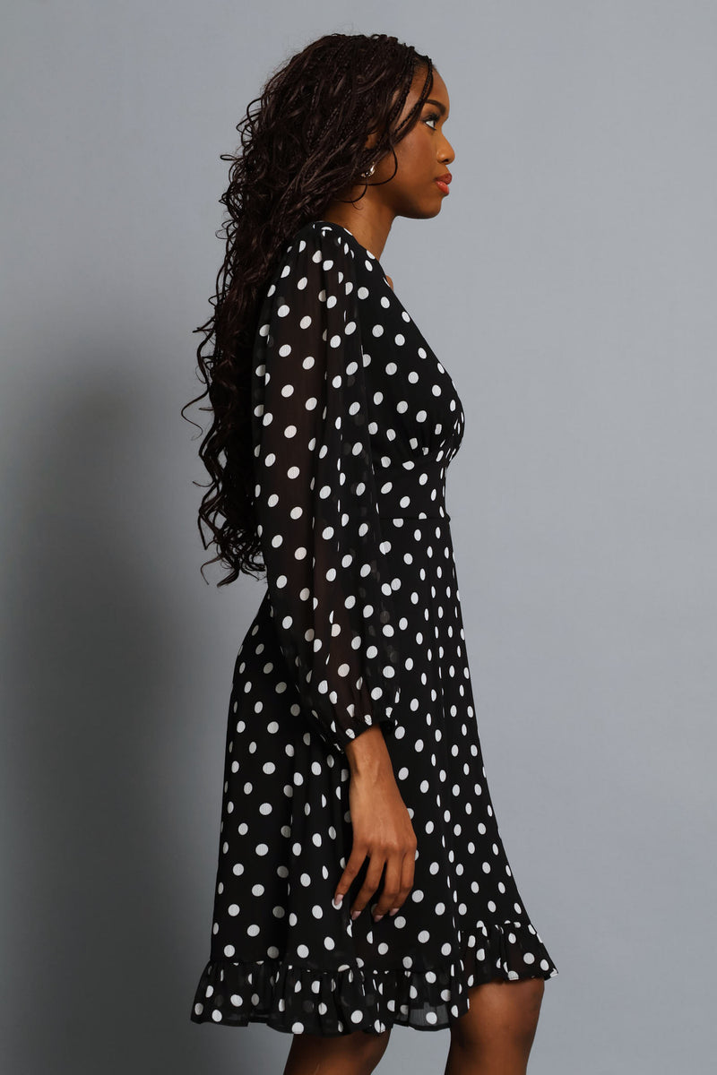 Poka Dot Frill Hem Tea Dress - Black/Cream
