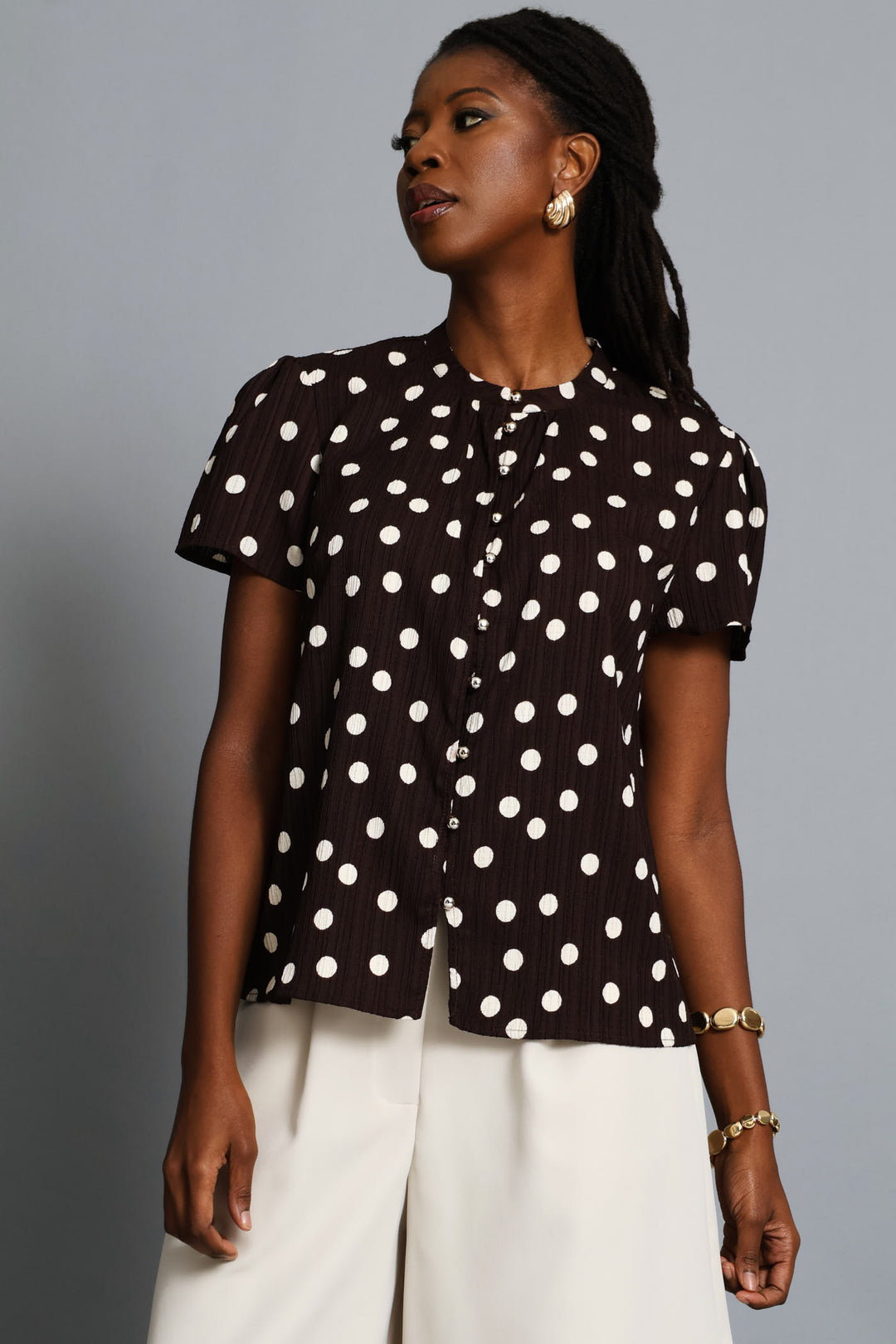 Button Through Polkadot Blouse - Chocolate