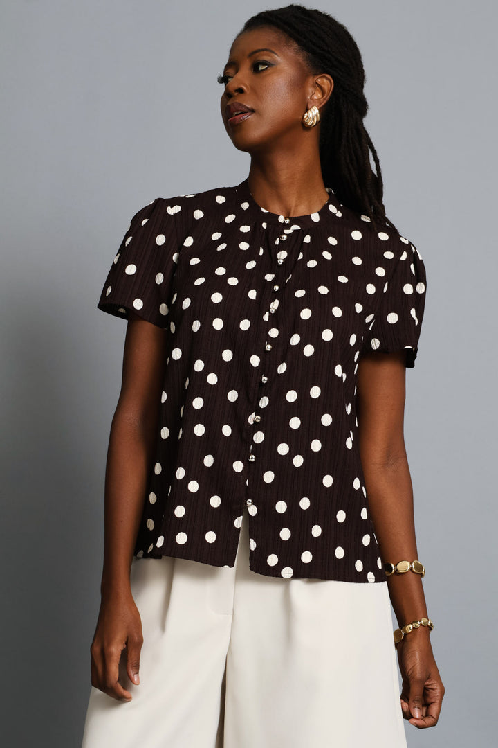 Button Through Polkadot Blouse - Chocolate