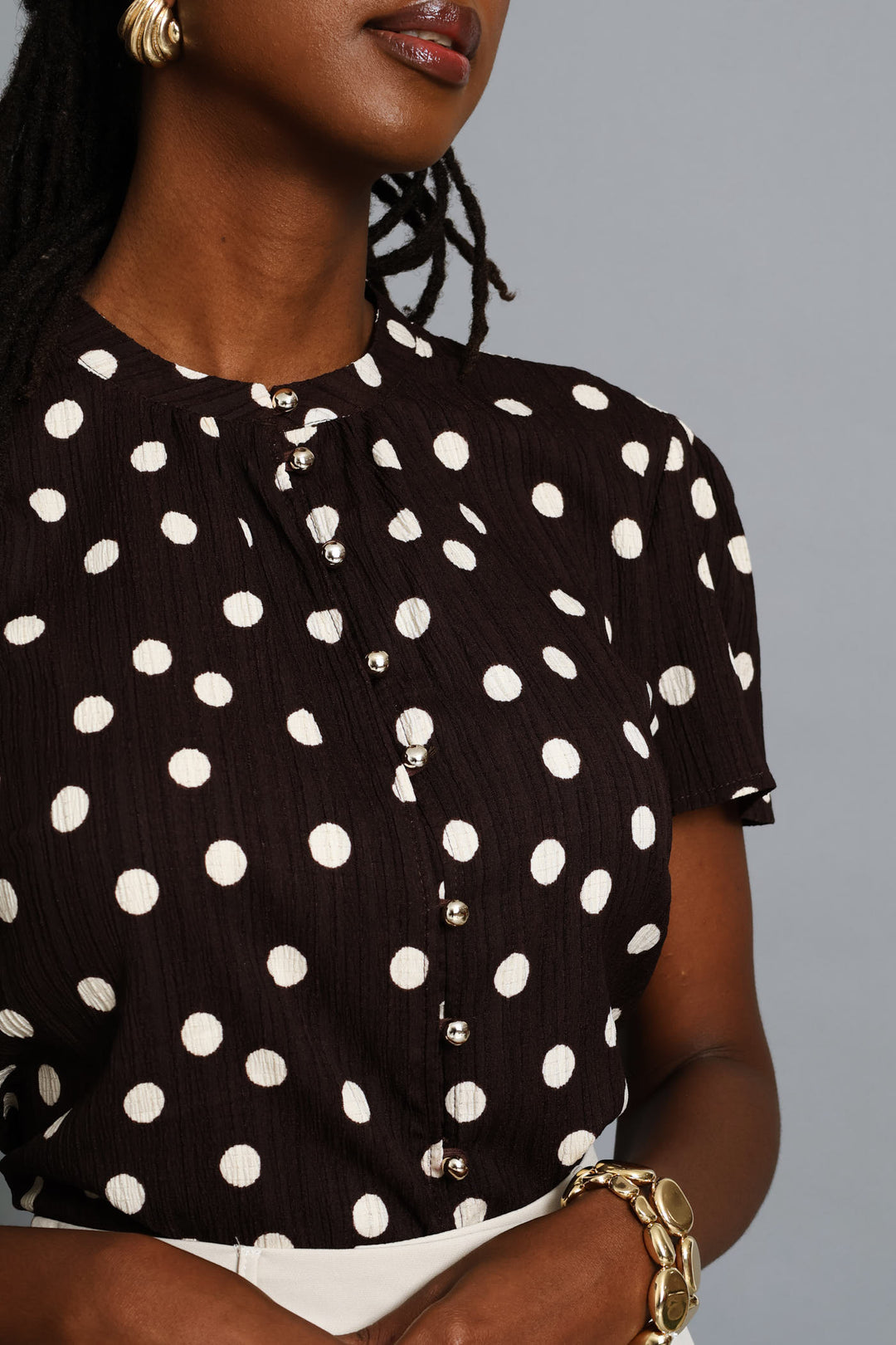 Button Through Polkadot Blouse - Chocolate
