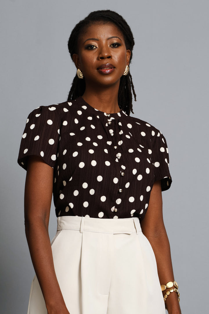Button Through Polkadot Blouse - Chocolate