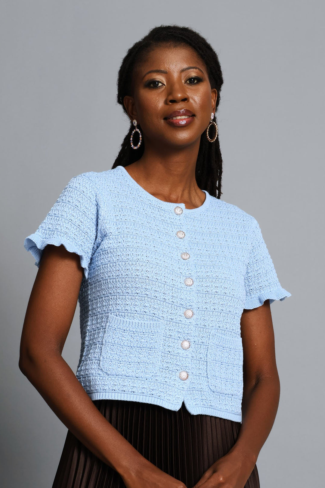 Frill Sleeve Textured Cardigan - Blue