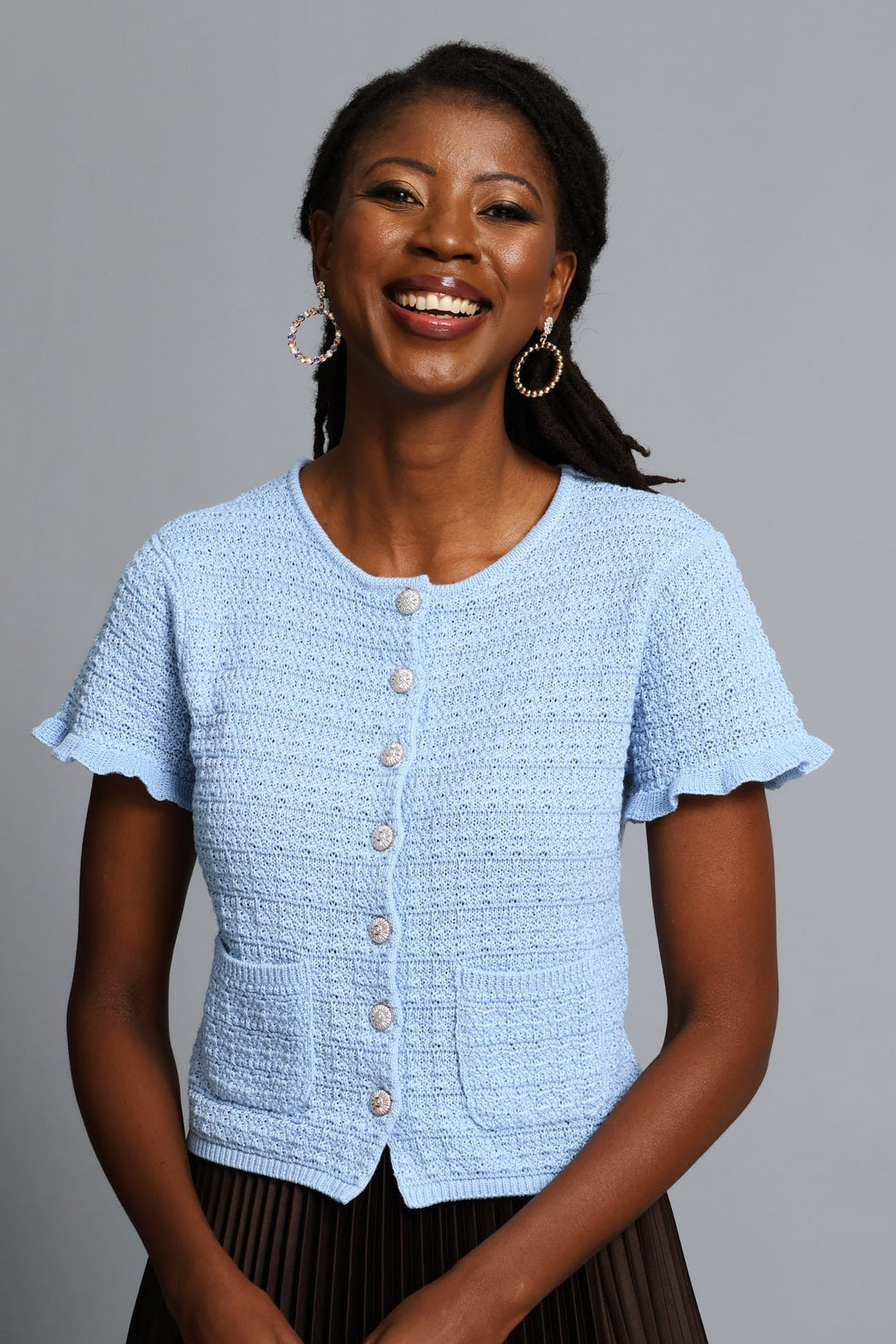 Frill Sleeve Textured Cardigan - Blue