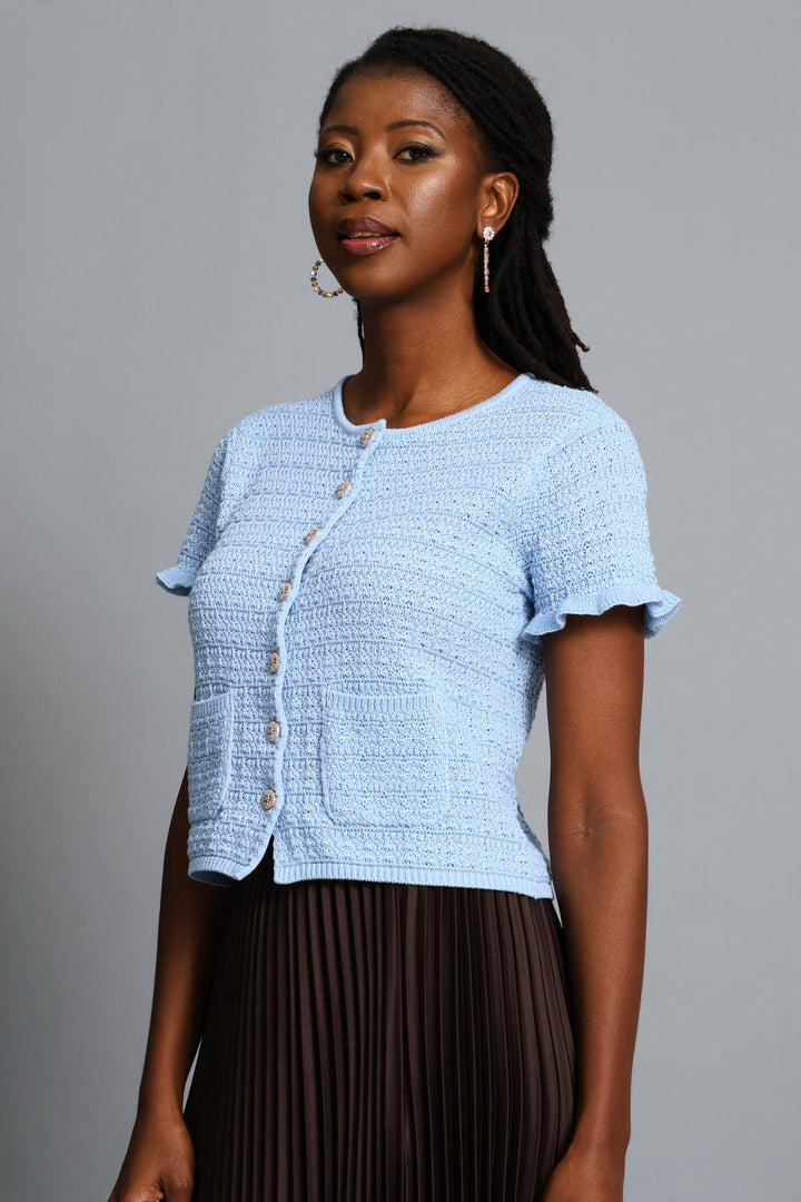 Frill Sleeve Textured Cardigan - Blue