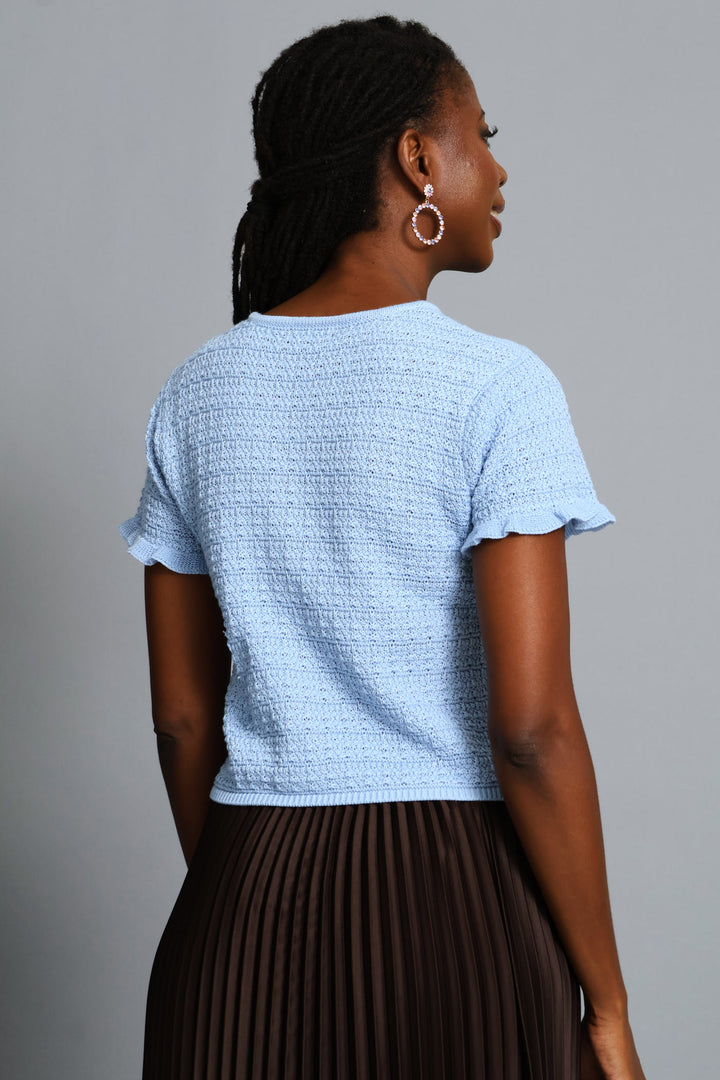 Frill Sleeve Textured Cardigan - Blue