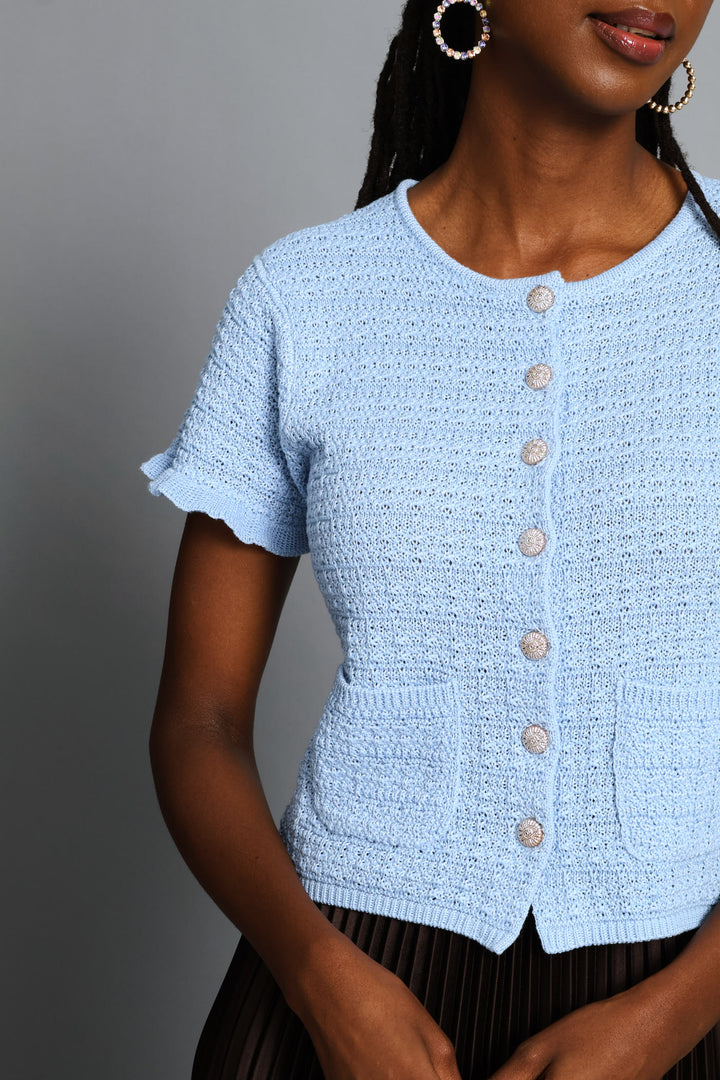 Frill Sleeve Textured Cardigan - Blue