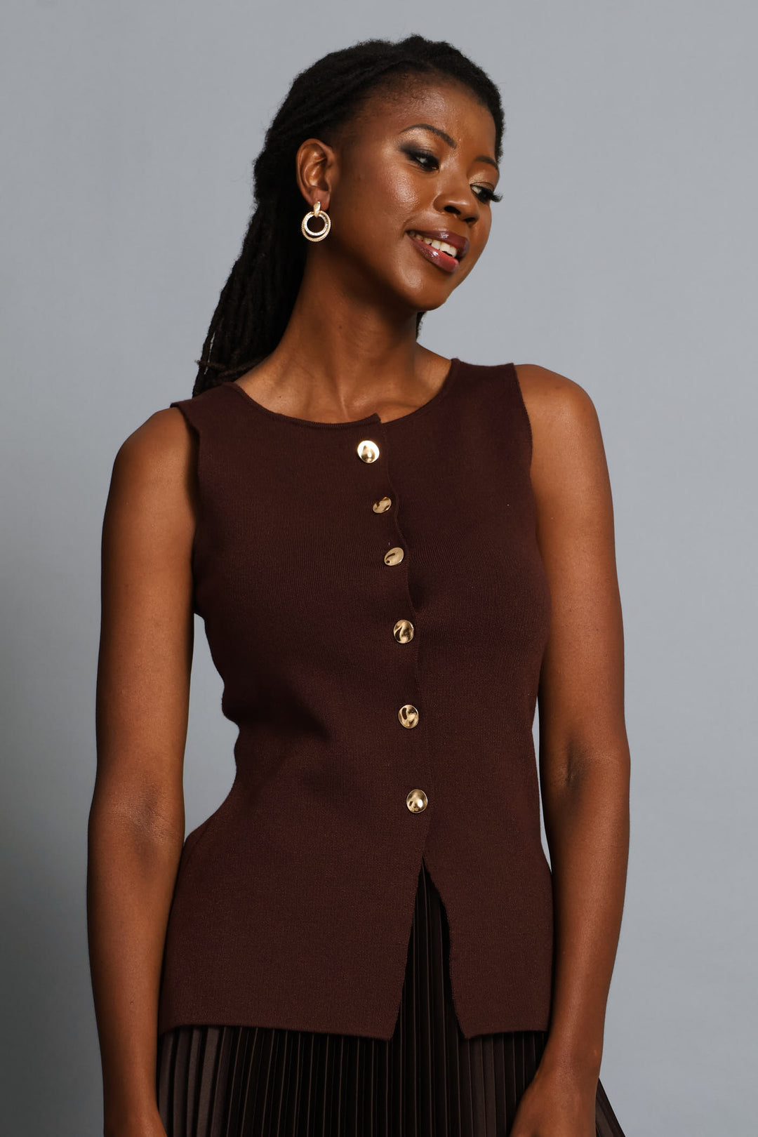 Notch Hem Knitwear Waistcoat - Chocolate