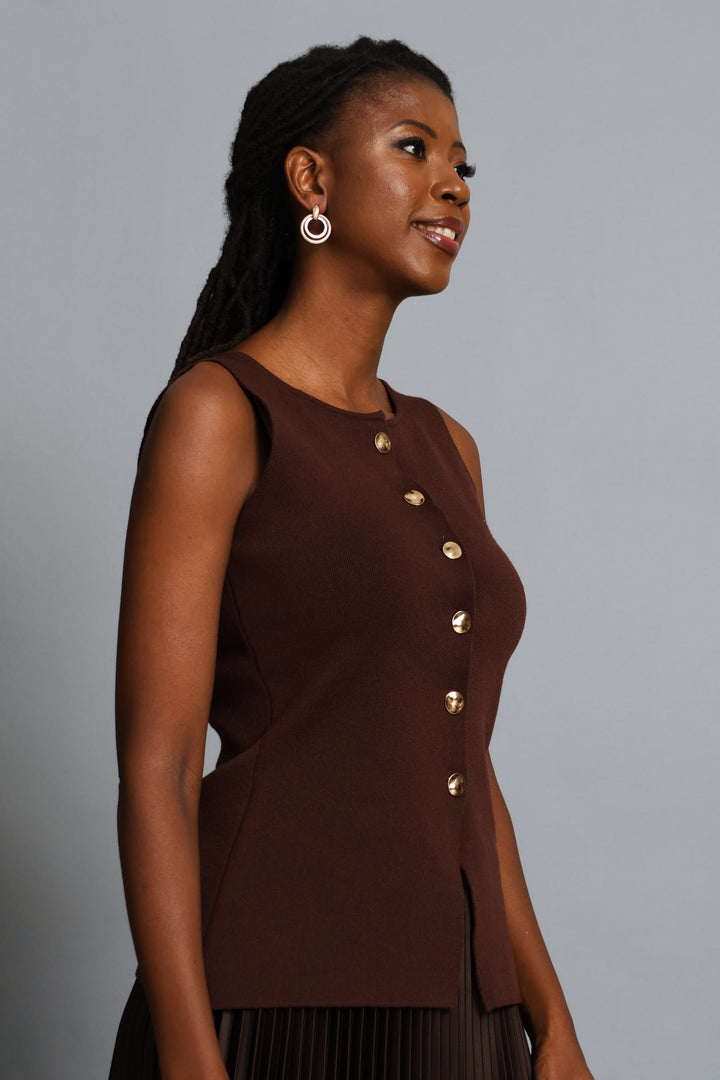 Notch Hem Knitwear Waistcoat - Chocolate
