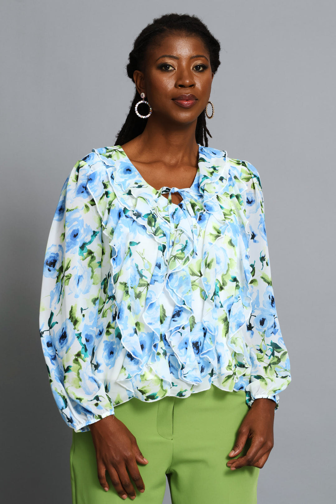Tie Front Ruffle Chiffon Blouse - Multi