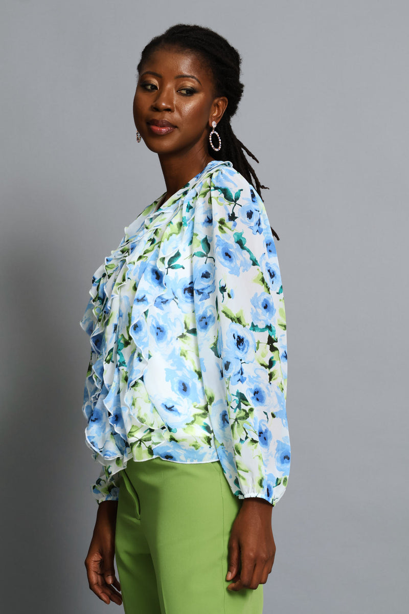 Tie Front Ruffle Chiffon Blouse - Multi